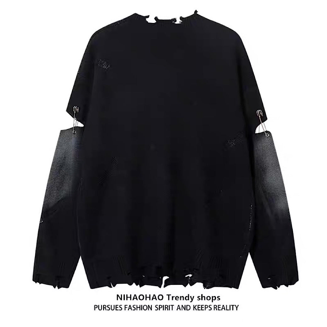 【NIHAOHAO】Random wash and cross design fully distressed knit sweater  NH0225