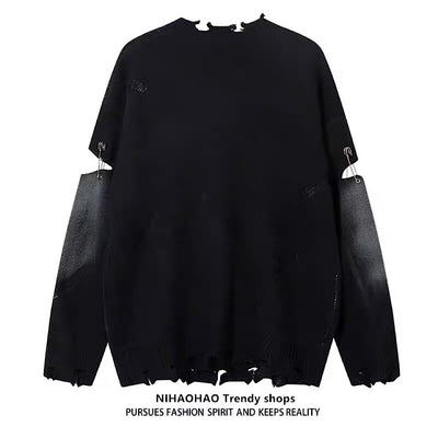 【NIHAOHAO】Random wash and cross design fully distressed knit sweater  NH0225