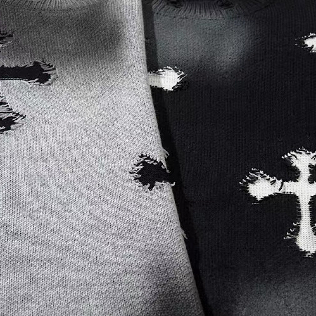 【NIHAOHAO】Random wash and cross design fully distressed knit sweater  NH0225