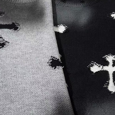 【NIHAOHAO】Random wash and cross design fully distressed knit sweater  NH0225