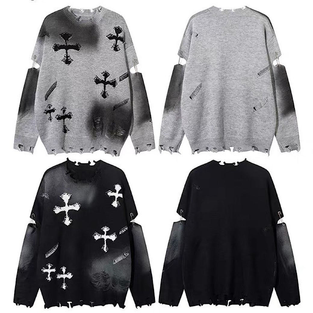 【NIHAOHAO】Random wash and cross design fully distressed knit sweater  NH0225
