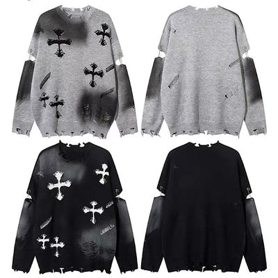 【NIHAOHAO】Random wash and cross design fully distressed knit sweater  NH0225