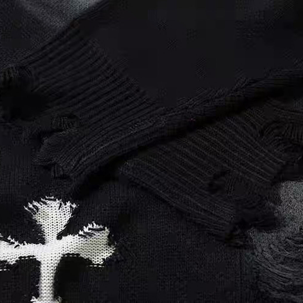【NIHAOHAO】Random wash and cross design fully distressed knit sweater  NH0225