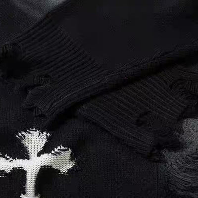 【NIHAOHAO】Random wash and cross design fully distressed knit sweater  NH0225