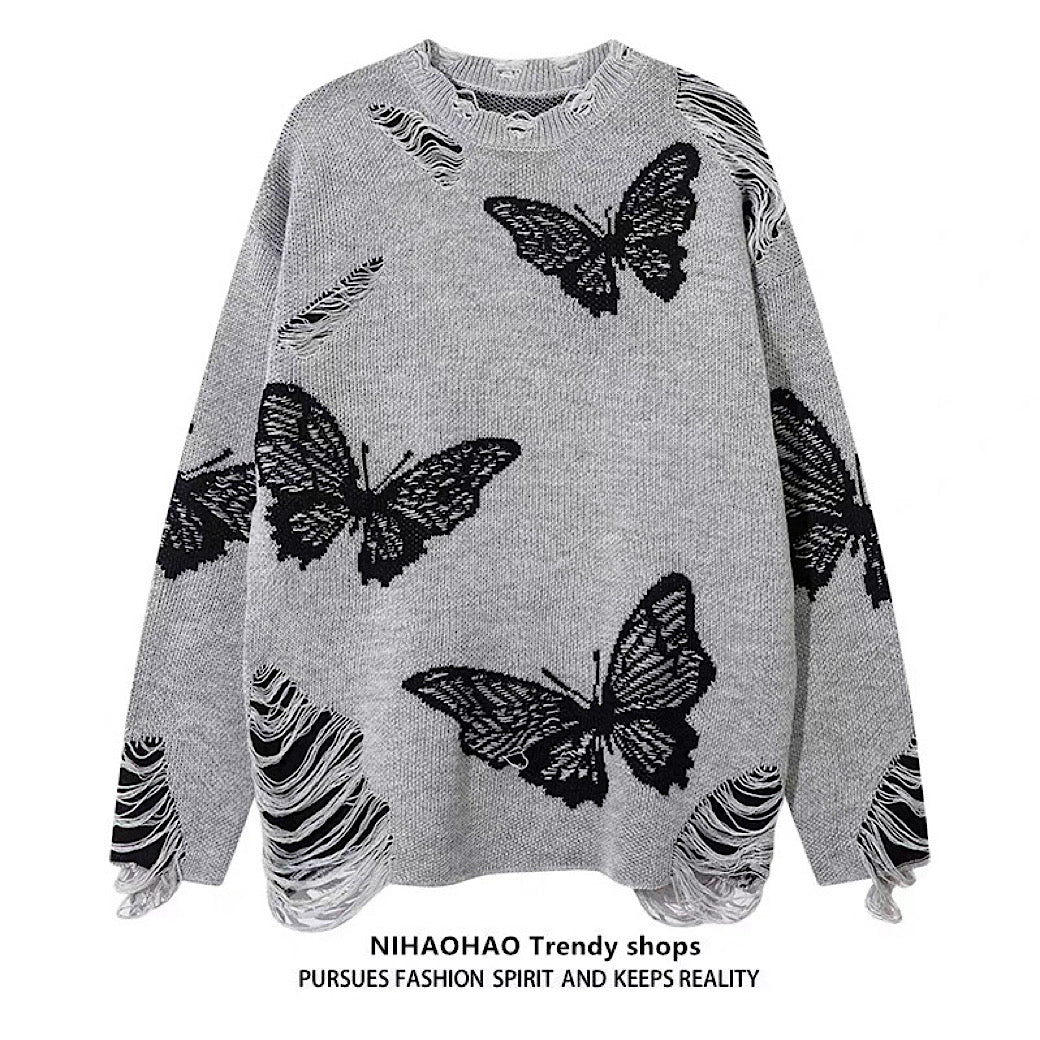 【NIHAOHAO】Random butterfly design fully distressed over-knit sweater  NH0226