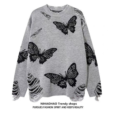 【NIHAOHAO】Random butterfly design fully distressed over-knit sweater  NH0226