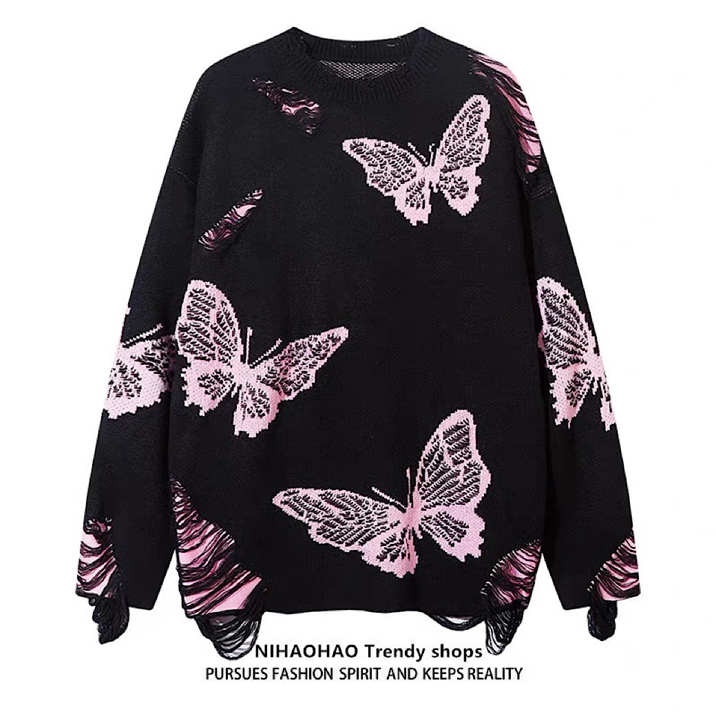 【NIHAOHAO】Random butterfly design fully distressed over-knit sweater  NH0226