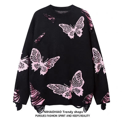 【NIHAOHAO】Random butterfly design fully distressed over-knit sweater  NH0226