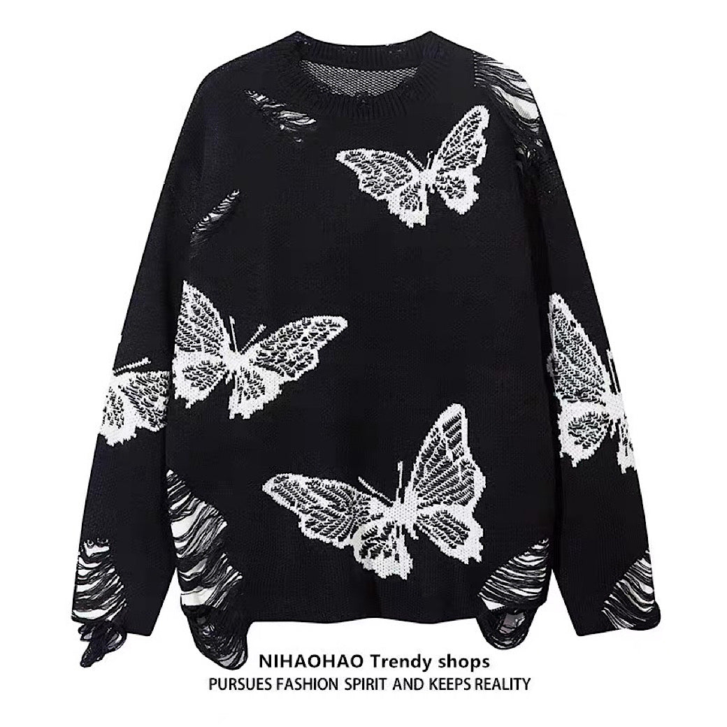 【NIHAOHAO】Random butterfly design fully distressed over-knit sweater  NH0226