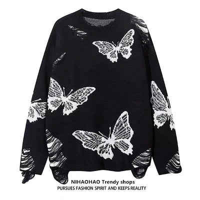 【NIHAOHAO】Random butterfly design fully distressed over-knit sweater  NH0226
