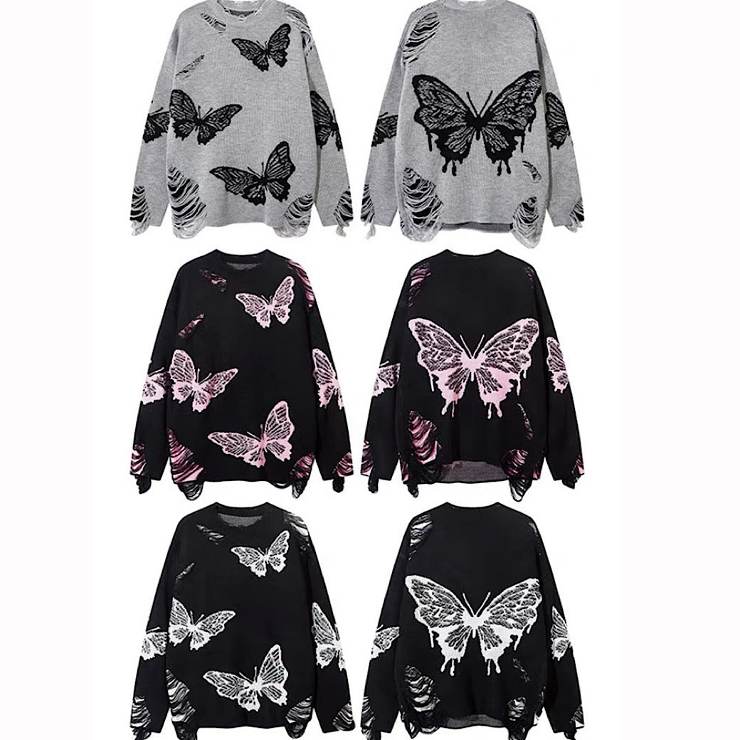 【NIHAOHAO】Random butterfly design fully distressed over-knit sweater  NH0226