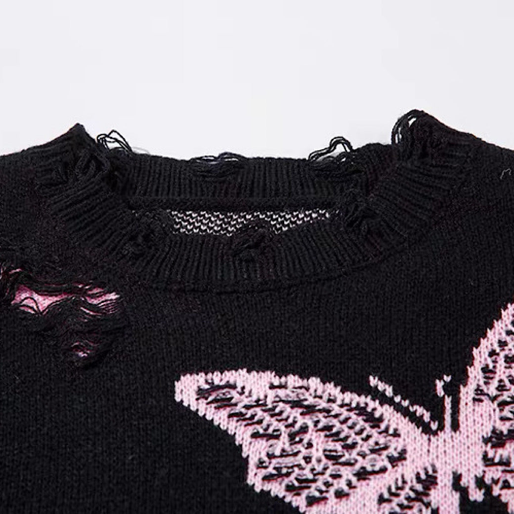 【NIHAOHAO】Random butterfly design fully distressed over-knit sweater  NH0226