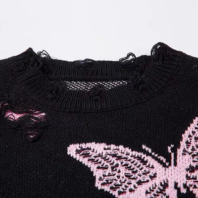 【NIHAOHAO】Random butterfly design fully distressed over-knit sweater  NH0226