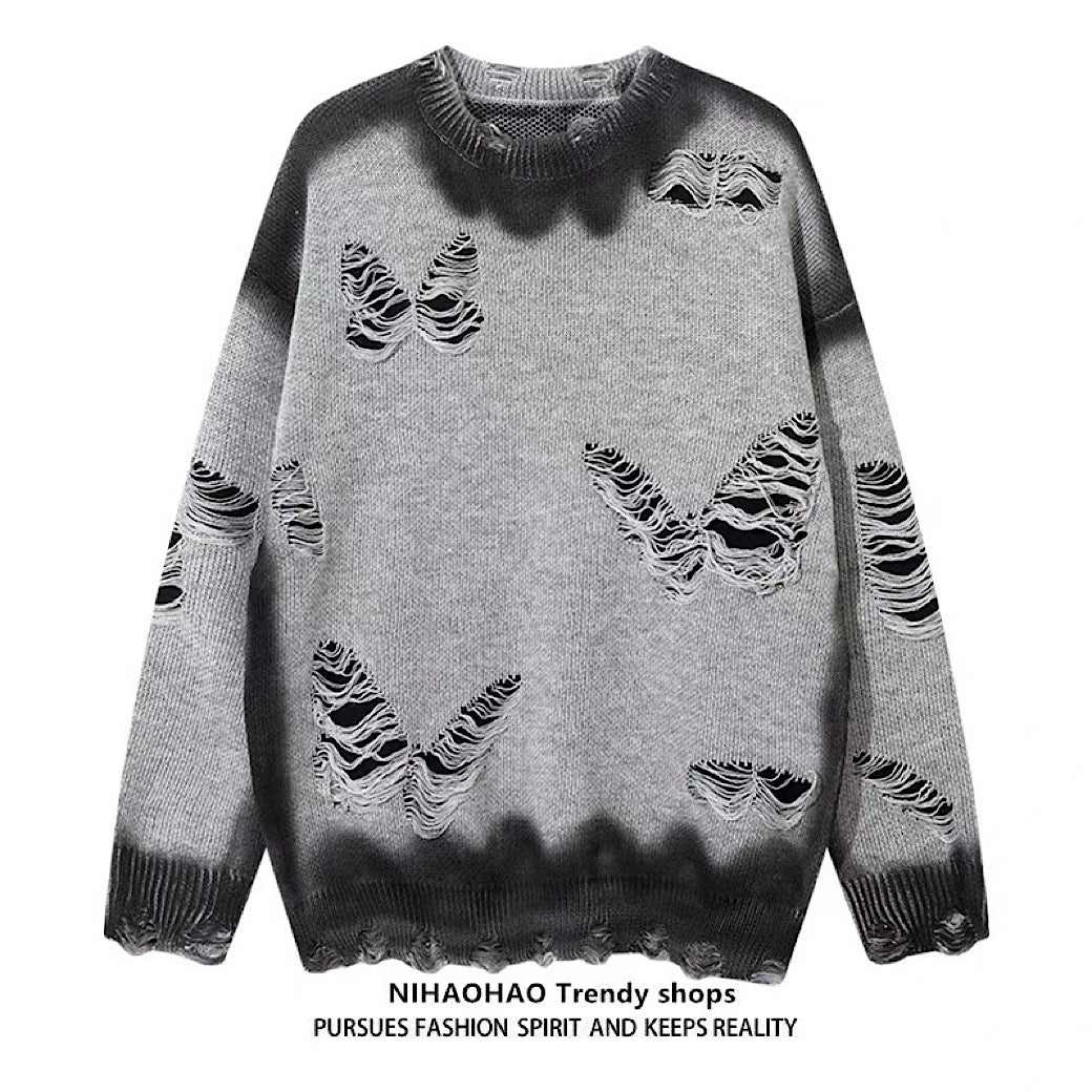 【NIHAOHAO】Multi-butterfly design paint-based washed distressed knit sweater  NH0227