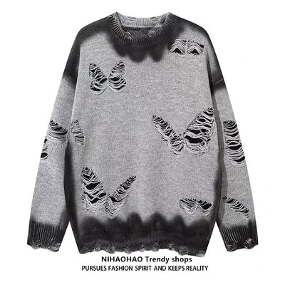 【NIHAOHAO】Multi-butterfly design paint-based washed distressed knit sweater  NH0227