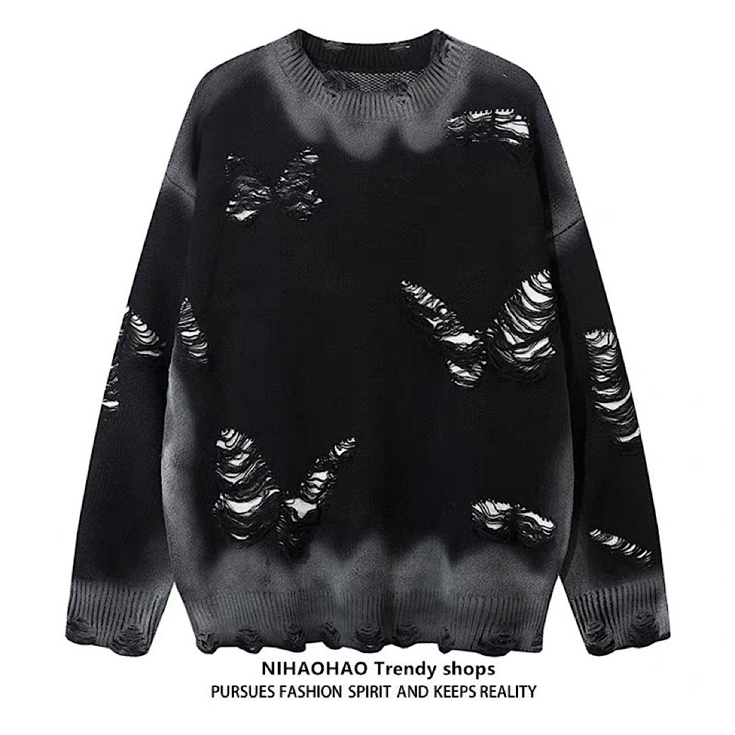 【NIHAOHAO】Multi-butterfly design paint-based washed distressed knit sweater  NH0227