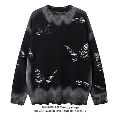 【NIHAOHAO】Multi-butterfly design paint-based washed distressed knit sweater  NH0227