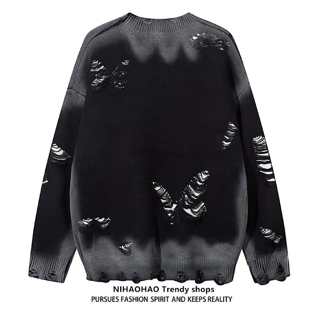 【NIHAOHAO】Multi-butterfly design paint-based washed distressed knit sweater  NH0227