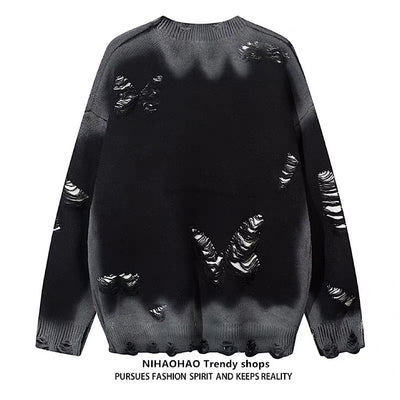 【NIHAOHAO】Multi-butterfly design paint-based washed distressed knit sweater  NH0227