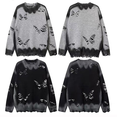 【NIHAOHAO】Multi-butterfly design paint-based washed distressed knit sweater  NH0227