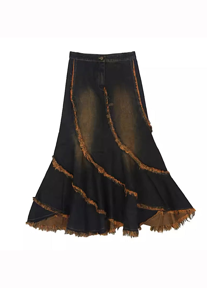 【YEDM】Dust washed stitching distressed design denim skirt  YD0008