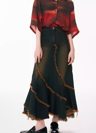 [YEDM] Dust washed stitching distressed design denim skirt YD0008