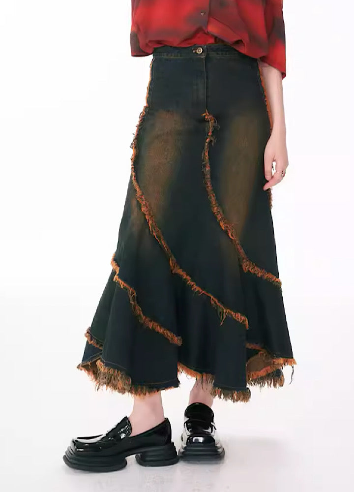 [YEDM] Dust washed stitching distressed design denim skirt YD0008