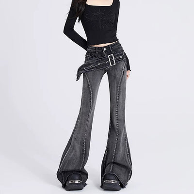 [Eleven shop97] High waist silhouette big belt design flare denim pants ES0014