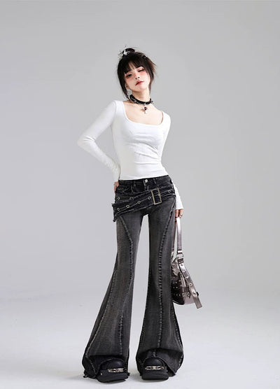 【Eleven shop97】High waist silhouette big belt design flare denim pants  ES0014