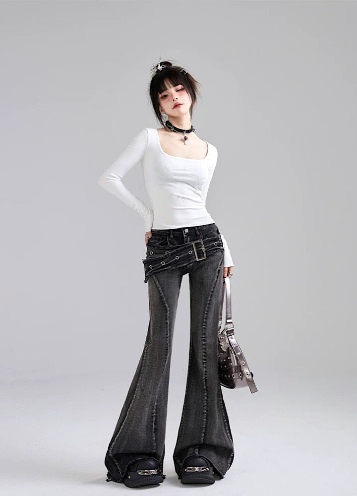 Eleven shop97] High waist silhouette big belt design flare