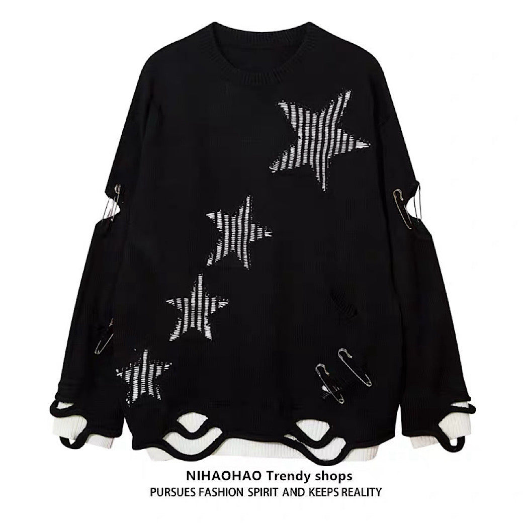 【NIHAOHAO】Layered Base Star Random Design Mid-Duty Knit Sweater  NH0228