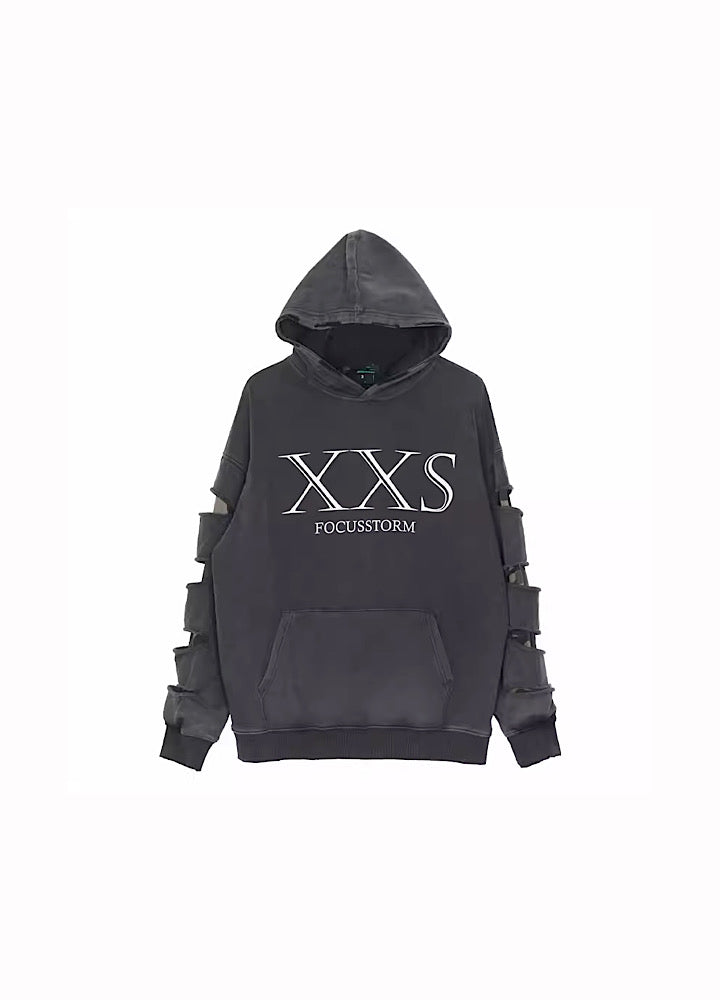 [JEM]Middle sleeve distressed mode graphic hoodie JE0035
