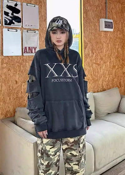 [JEM]Middle sleeve distressed mode graphic hoodie JE0035