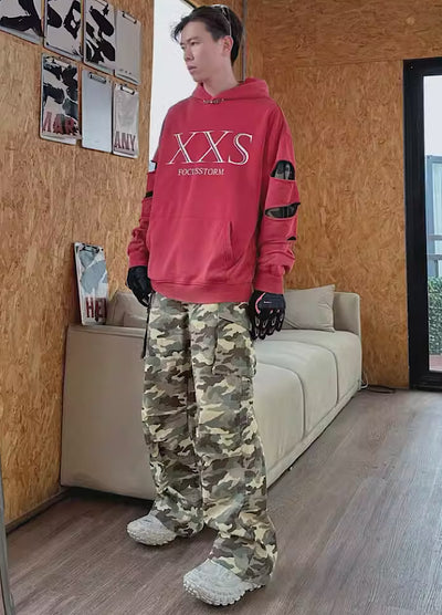 【JEM】Middle sleeve distressed mode graphic hoodie  JE0035