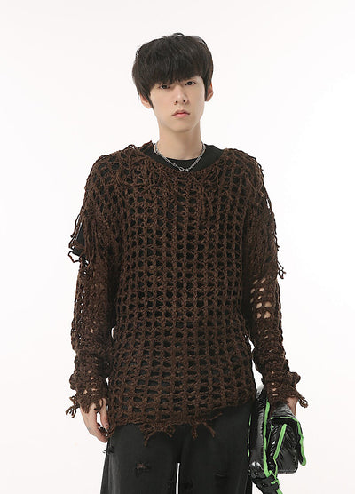 【PLAN1ONE】Overall frayed damage processing mesh design knit  PL0025