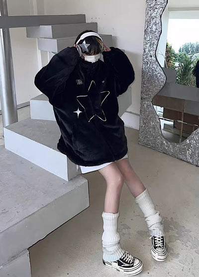 【Take off】Star Front Design Faux Fur Knit Sweater Jacket  TO0027
