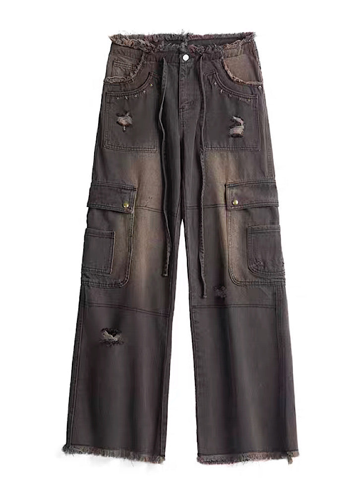 [H GANG X] Mid-distress wash design wide silhouette denim pants HX0001