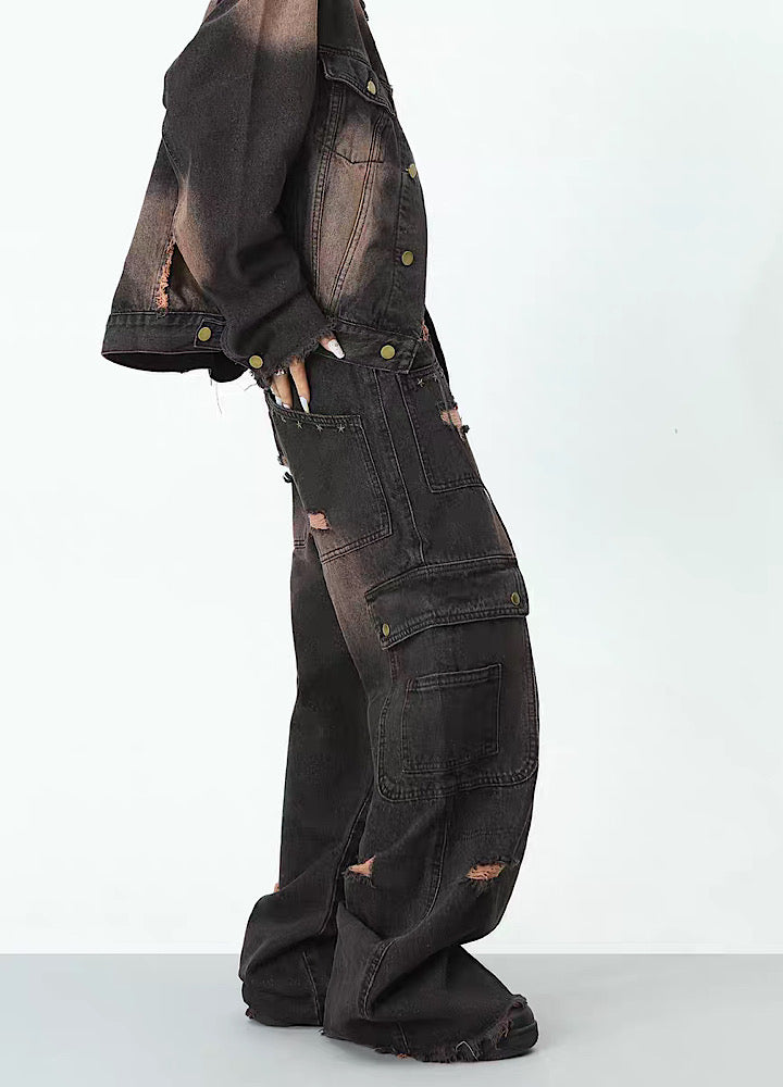 H GANG X] Mid-distress wash design wide silhouette denim pants 
