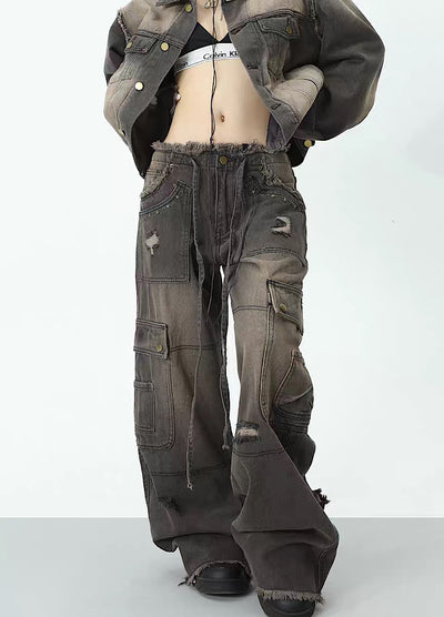 [H GANG X] Mid-distress wash design wide silhouette denim pants HX0001