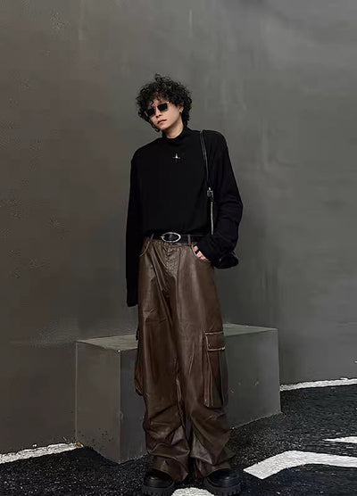 【H GANG X】Shiny cargo design wide silhouette leather pants  HX0003