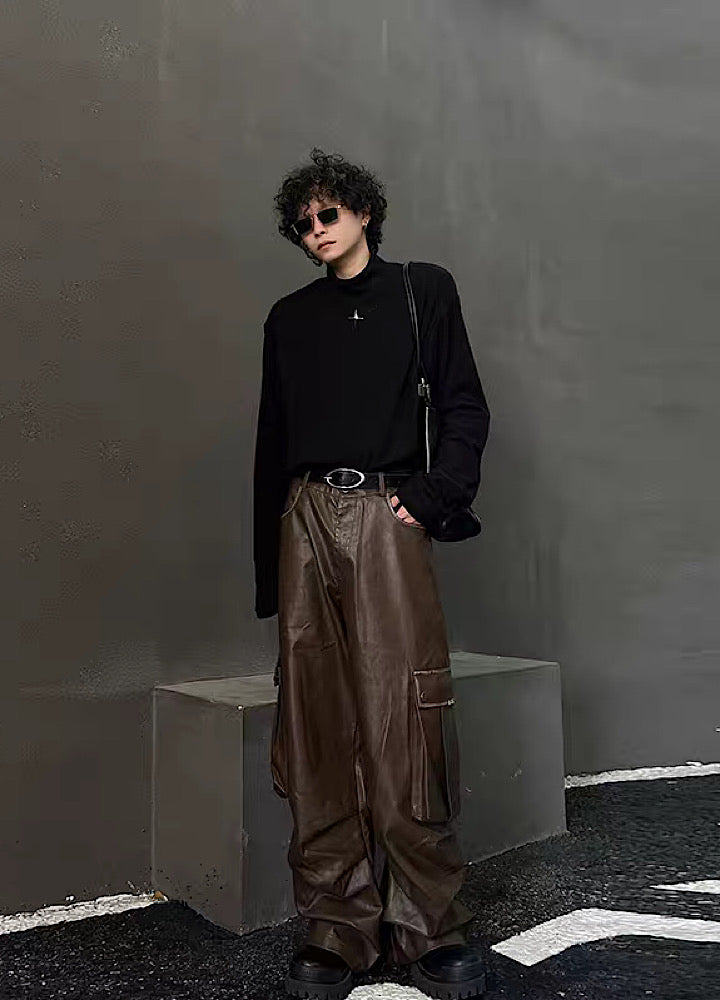 H GANG X] Shiny cargo design wide silhouette leather pants