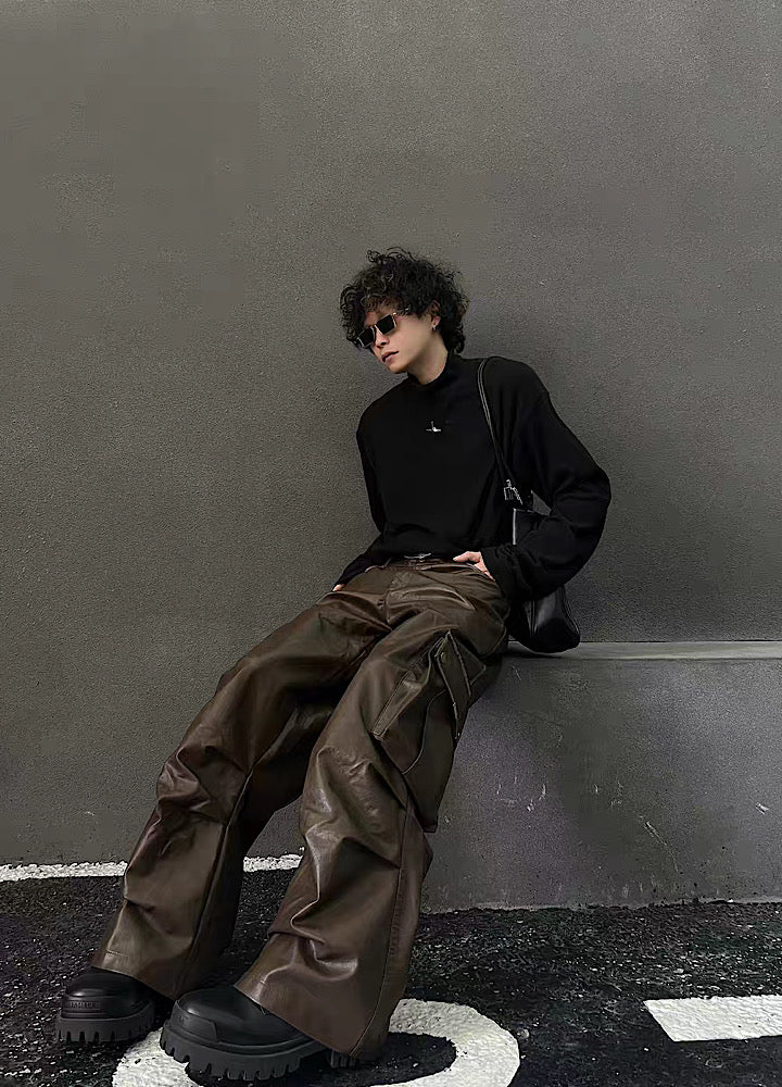 [H GANG X] Shiny cargo design wide silhouette leather pants HX0003