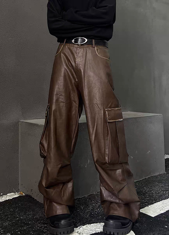 [H GANG X] Shiny cargo design wide silhouette leather pants HX0003