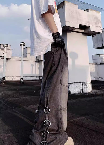 【UUCSCC】Side chain ring design dull denim pants  US0047