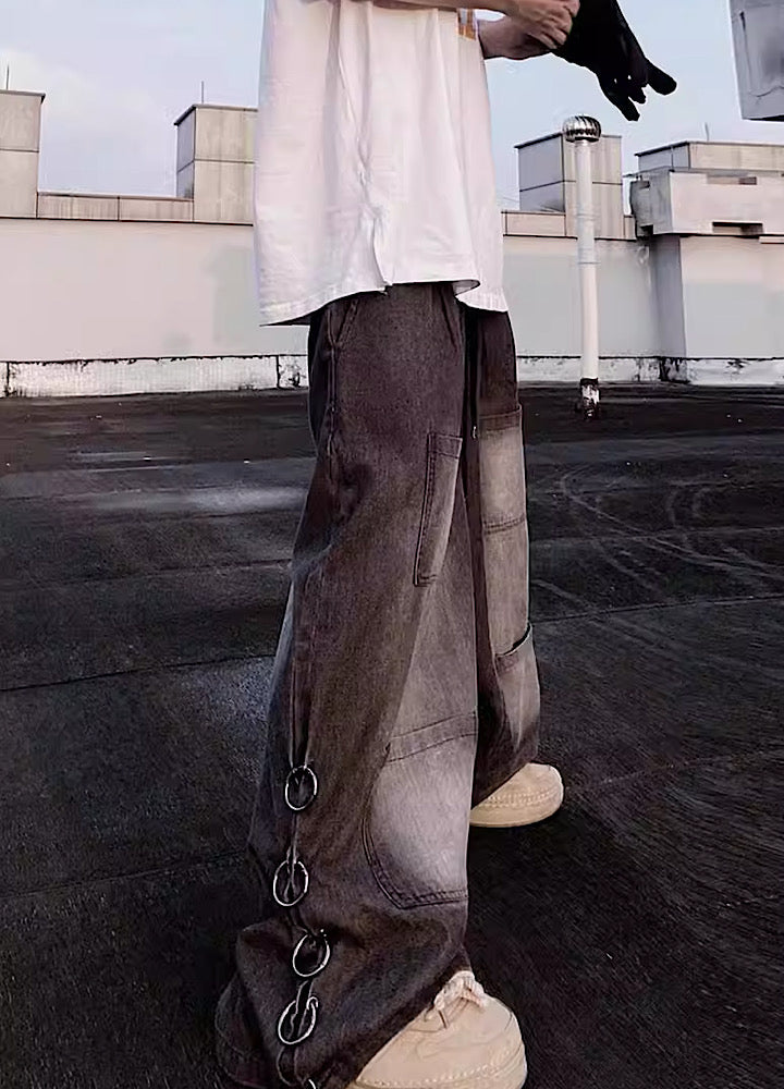【UUCSCC】Side chain ring design dull denim pants  US0047