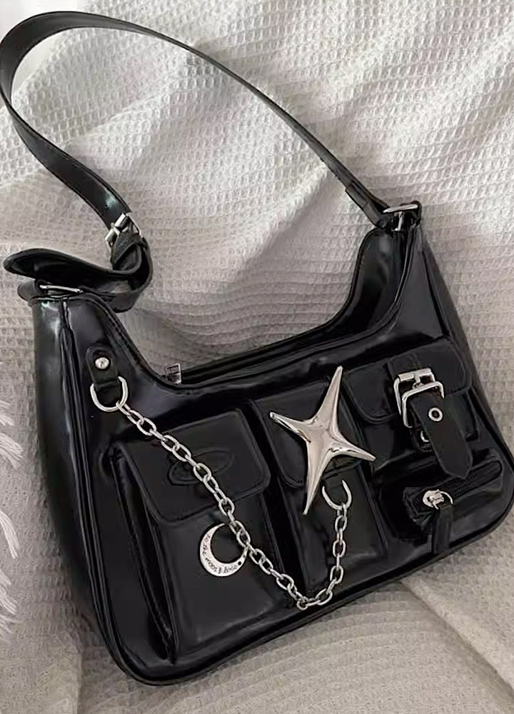 バッグ leather gimmick hand bag black leather gimmick hand bag black