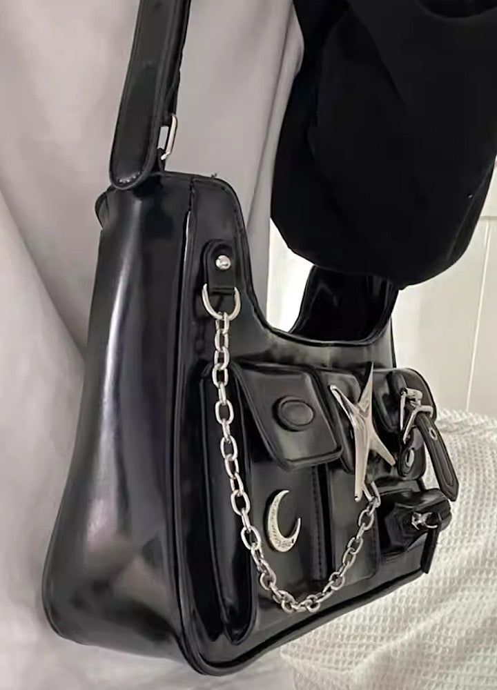 バッグ leather gimmick hand bag black leather gimmick hand bag black