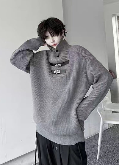 【Mr.city】Double Belt Loader High Neck Style Knit Sweater  MC0023