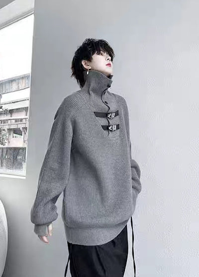 [Mr.city] Double Belt Loader High Neck Style Knit Sweater MC0023