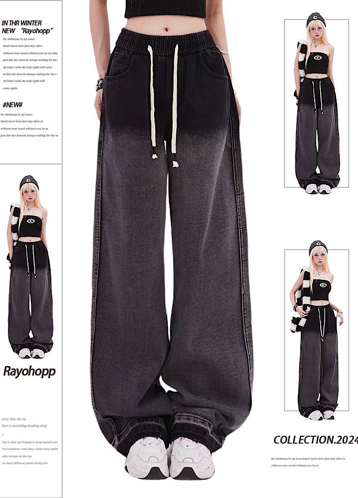 [Rayohopp] Black gradation color straight wide denim pants RH0083